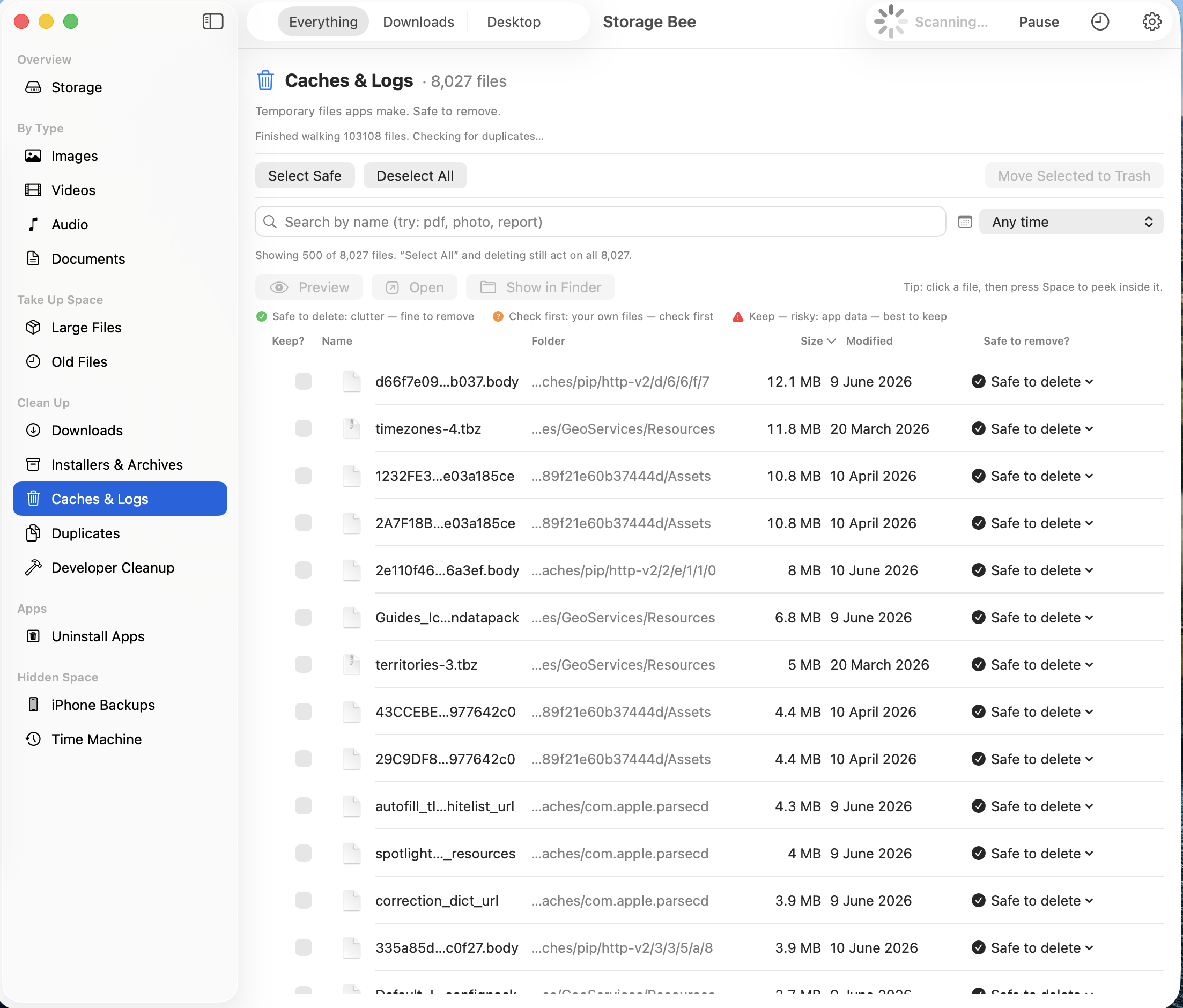 File list with Safe to delete labels