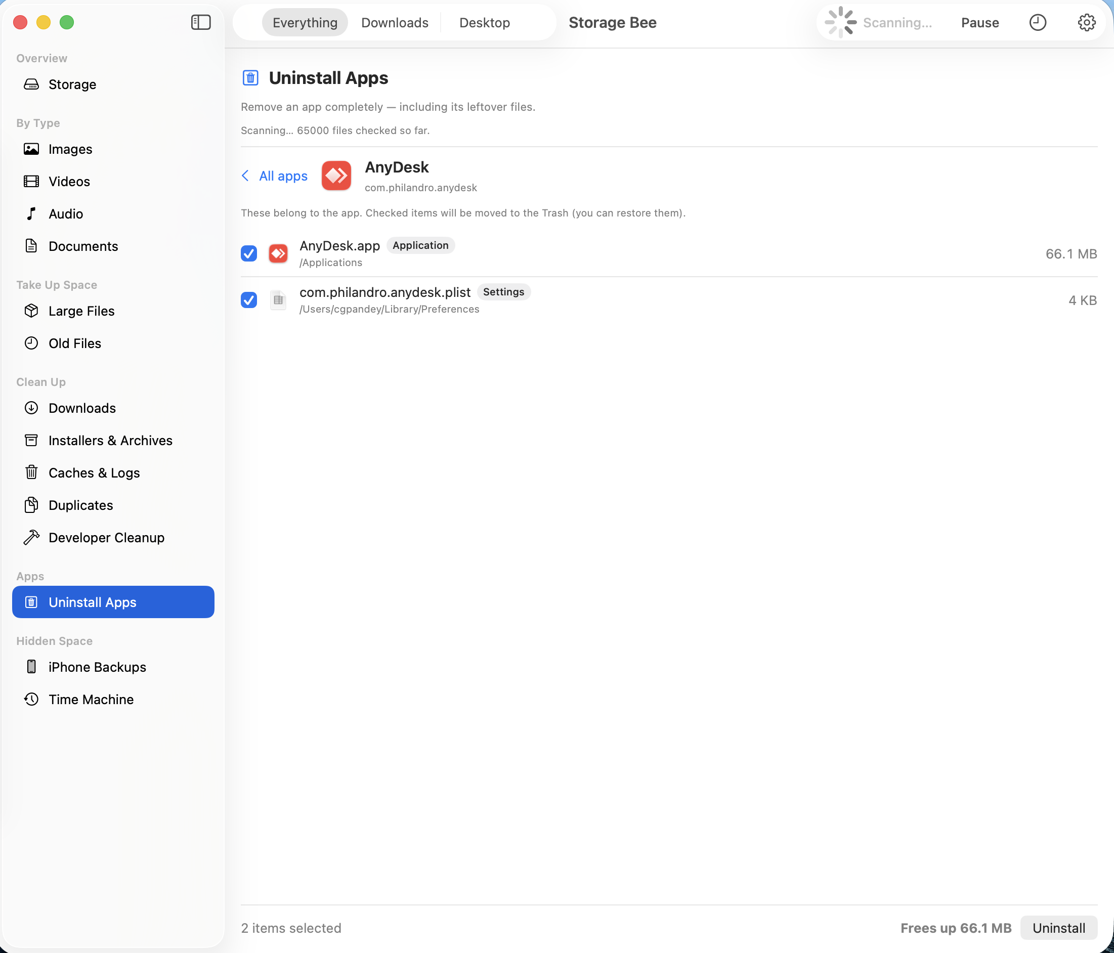App uninstaller showing leftover files